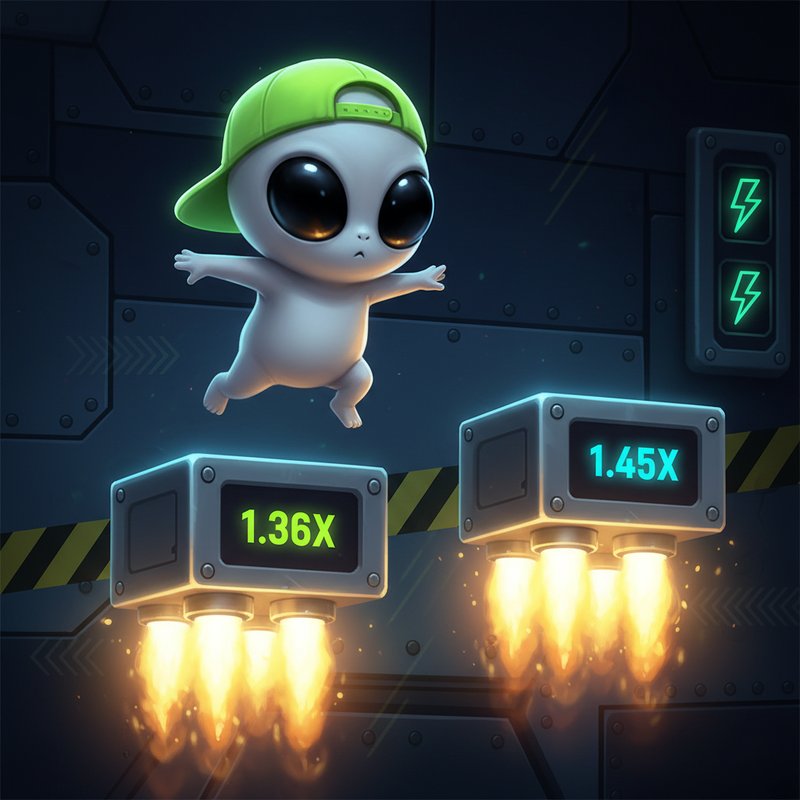 Jumper Slot mit schwebenden Plattformen, Alien-Avatar und leuchtenden Multipliern