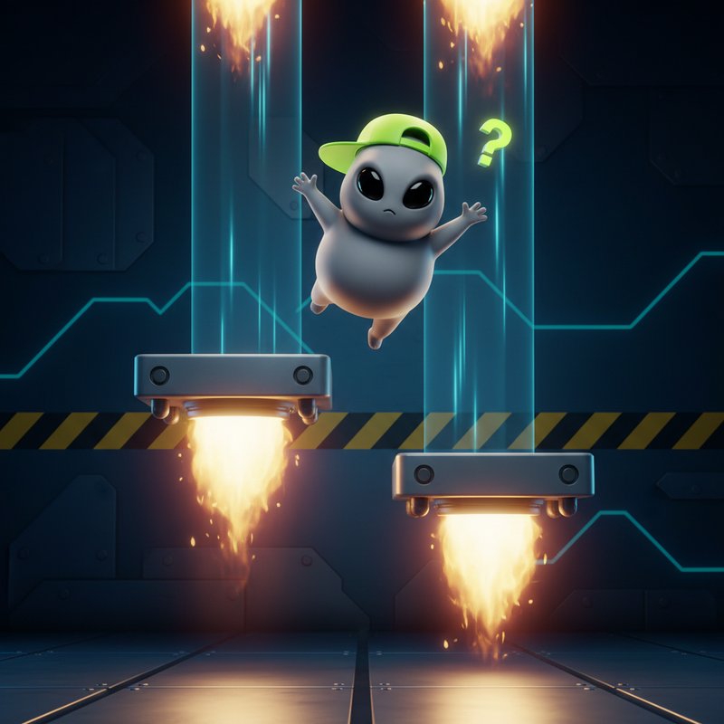Jumper Slot Spiel zeigt graues Alien mit grüner Cap, das auf schwebenden Raketen-Plattformen mit Multiplikatoren klettert, dunkler Weltraum-Hintergrund mit Neon-Effekten